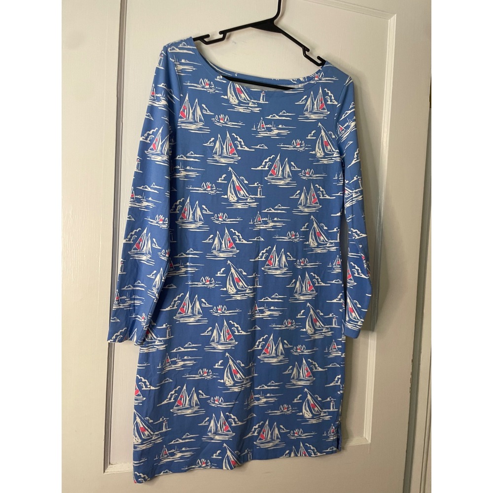 Vineyard Vines Women's Blue Sailboat Print‎ Long Sleeve Boat Neck Dress small